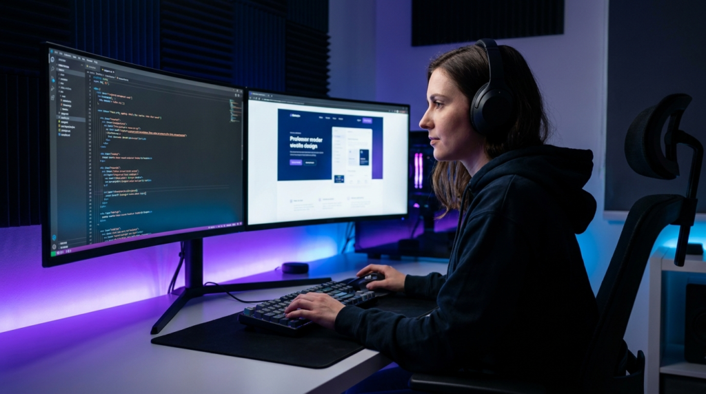 Professional developer coding at dual monitors